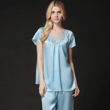 

Summer New Silk Nightwear Ladies Fashion Short Sleeves 100% Silk Two Pieces Of Silk Suit Home Suit