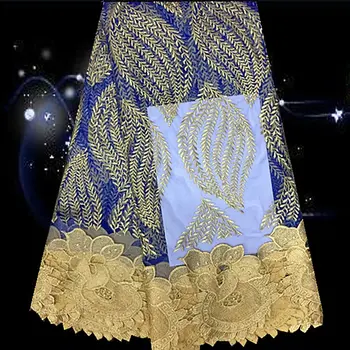 

5Yards/pc Beautfiul royal blue french net lace with gold embroidery african mesh lace fabric for dress LE1-2