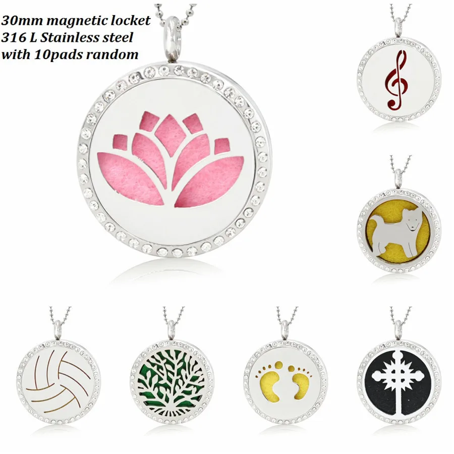 

Lotus footprint Bling Diffuser Locket 30mm magnetic Stainless Steel pendant Essential Oil Perfume Locket 10 pads fit necklace