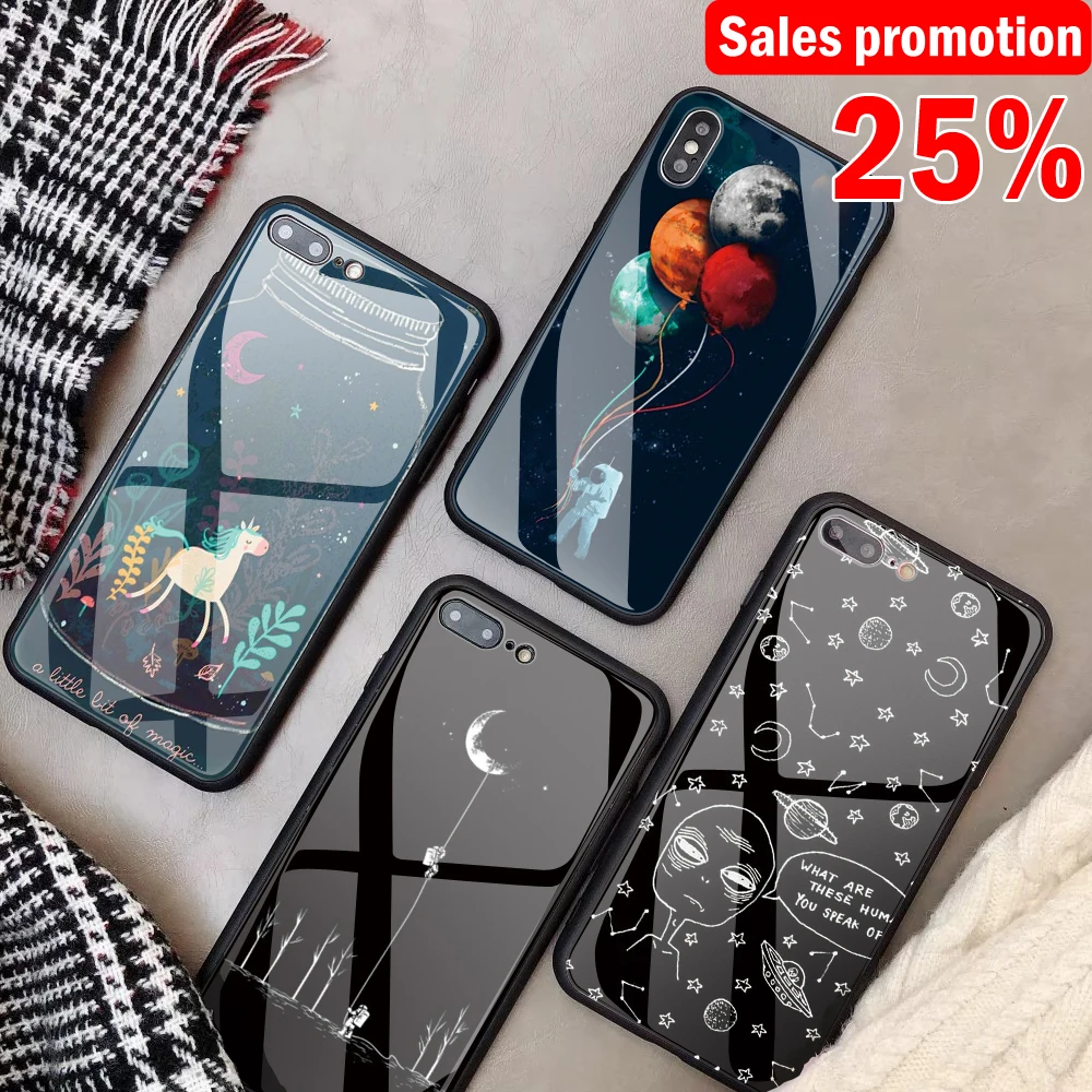

Originality Astronaut Customized Tempered Glass Phone Case For iPhone 8 Plus 6 6s 7 Plus X XS MAX XR universe DIY Back cover
