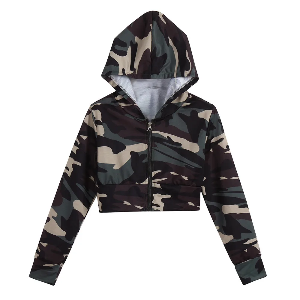 

Camouflage Print Women Long Sleeve Blouse Hooded Fashion Short Sweater Lady Sexy Army Style Casual Female