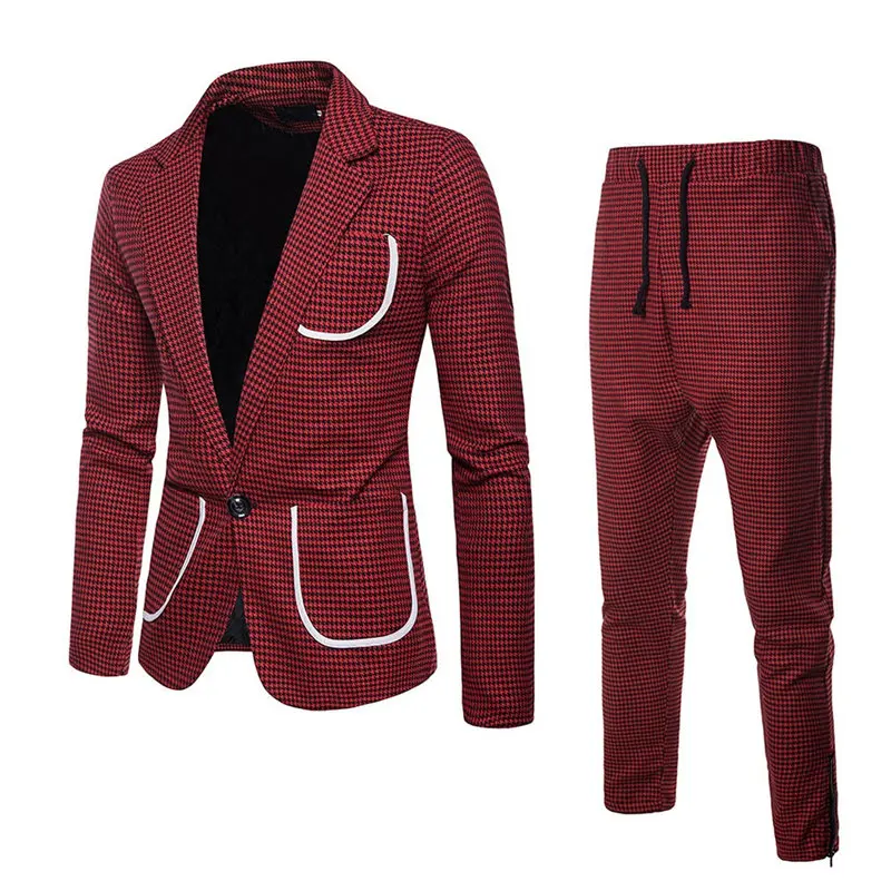 Модный мужской костюм, тонкий костюм из 2 предметов, Красный Блейзер, деловая Свадебная вечеринка, куртка, пальто и брюки, мужской костюм в клетку, homme
