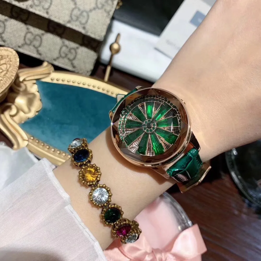 Брендовые модные вращающиеся зеленые часы для женщин, роскошные летние нарядные часы, кварцевые водонепроницаемые наручные часы из натуральной кожи, вращающиеся
