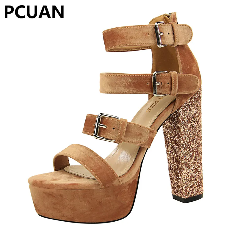 Известный бренд PCUAN римского стиля блестки с супер высокий каблук Водонепроницаемые замшевые туфли на платформе Пряжка на ремешке