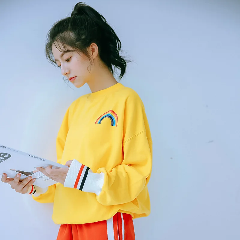 Ulzzang Корейский Kpop большой Радужный принт желтый свитер с капюшоном для женщин