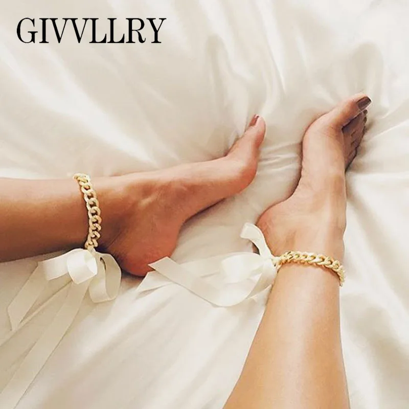 

GIVVLLRY Elegant Chunky Curb Chain Anklets for Women Creative Colorful Bowknot Ribbon Lacing Ankle Bracelet Beach Foot Jewelry