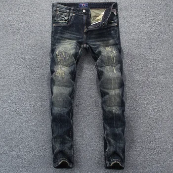 

Fashion Vintage Men Jeans Italian Style Slim Fit Ripped Jeans Men Distressed Pants Embroidery Designer Streetwear Hip Hop Jeans