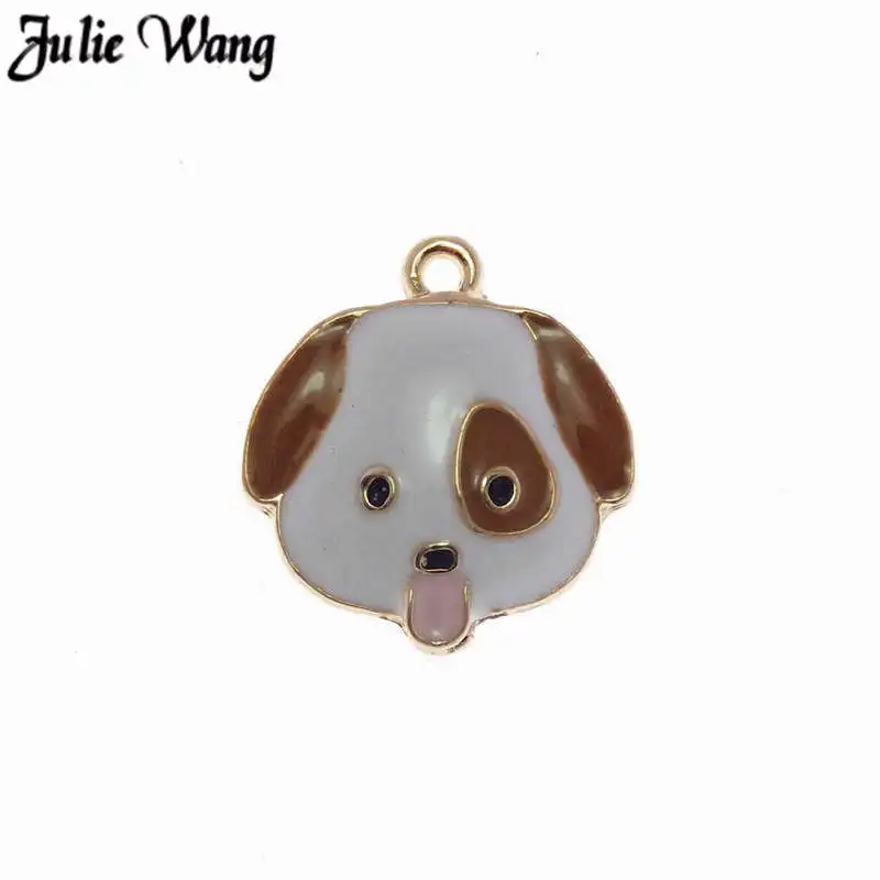 Julie Wang 5-15pcs Zinc Alloy Enamel Dog Head Charms Puppy Pet Bracelet Pendants Jewelry Craft DIY Keychain Women Bag Decor