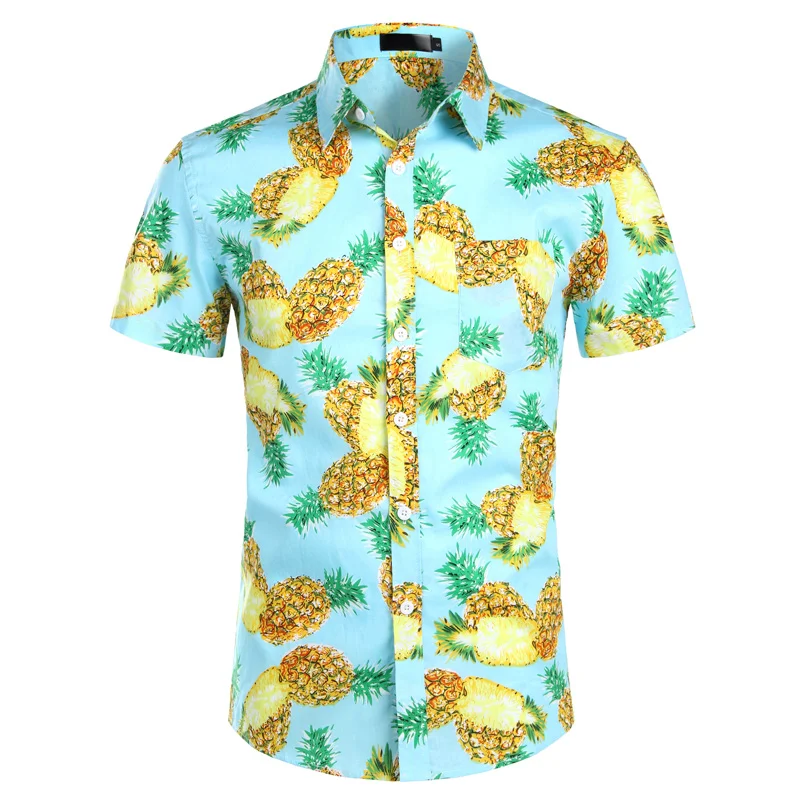 Розовая гавайская рубашка с принтом ананаса, новинка, брендовая мужская рубашка с коротким рукавом, Пляжная Повседневная гавайская рубашка, мужская рубашка