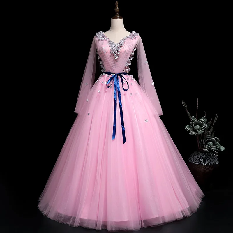

Ball Gown Quinceanera Dresses Long Pink Applique tulle lace up butterfly pearls Vestidos De 15 Anos lace Prom Dress For Girls