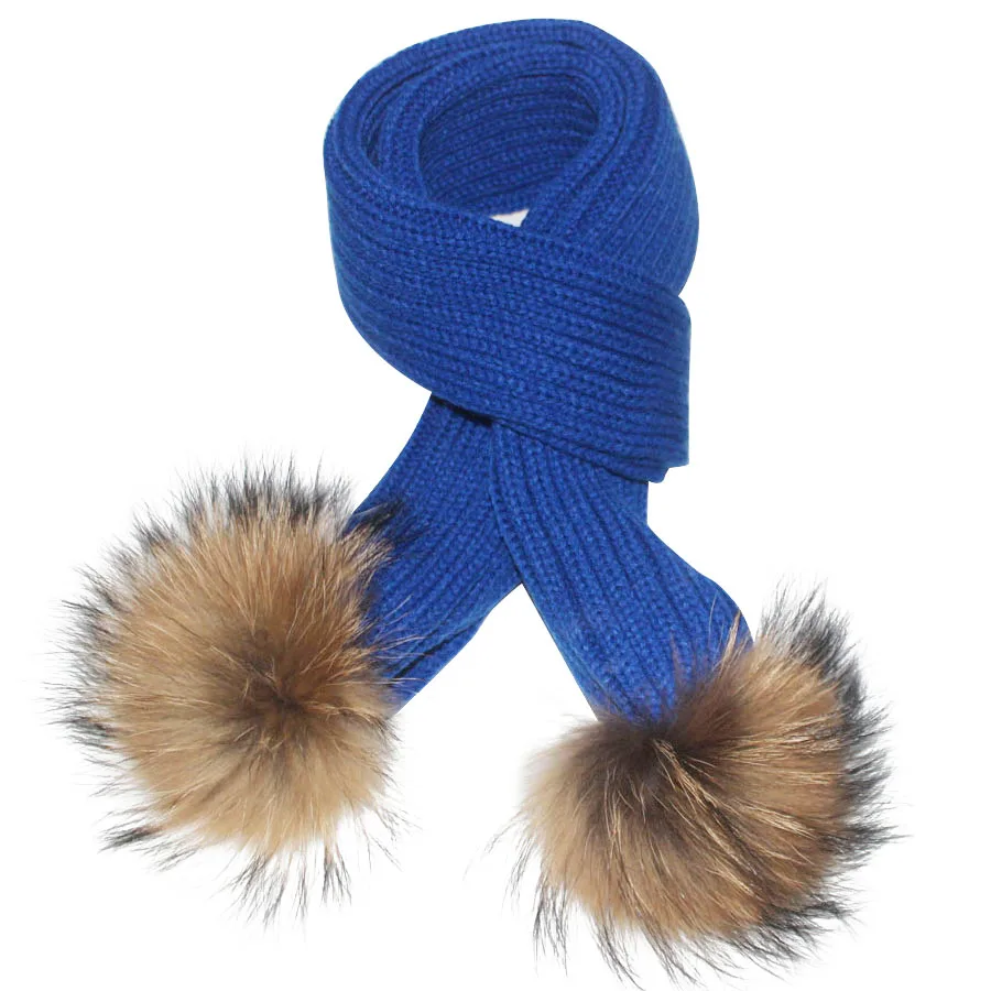 150*16cm crochet Children Scarf wool Knitted Winter Fur Scarves With Detachable Real Raccoon Fur Pom Poms neckwarmer Scarf