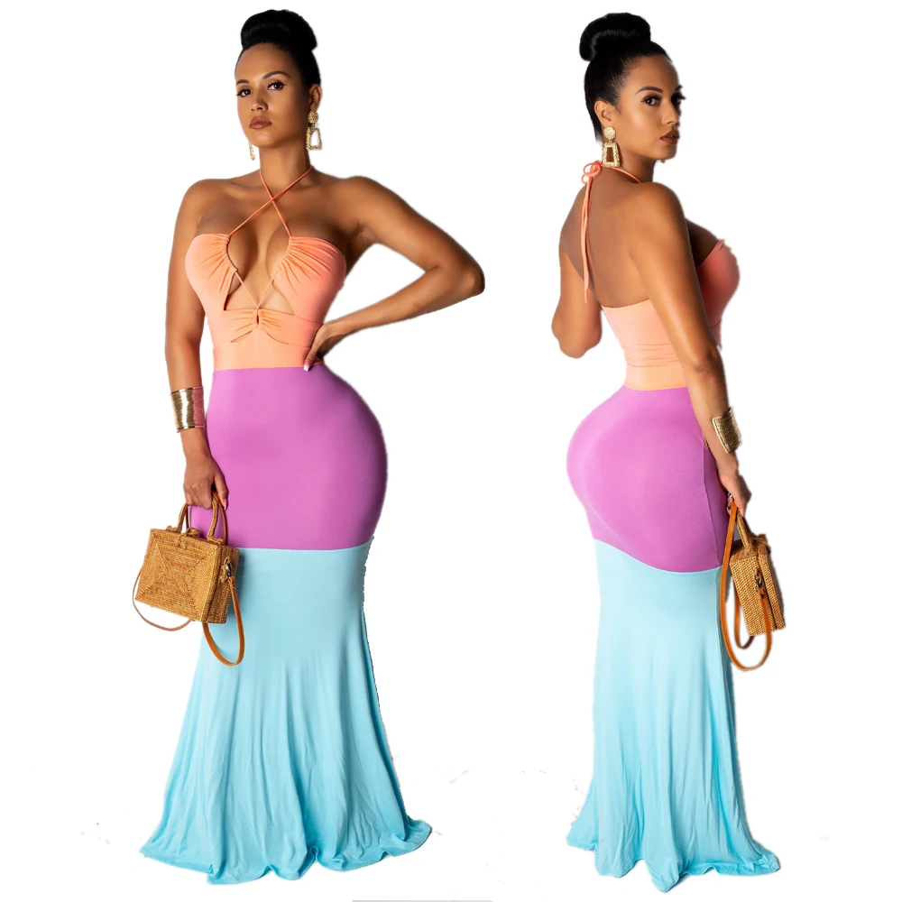 2020 New Women Summer Strapless Halter Dresses Backless Lace Up Bodycon Mermaid Maxi Dress Sexy Party Club Long Vestidos | Женская