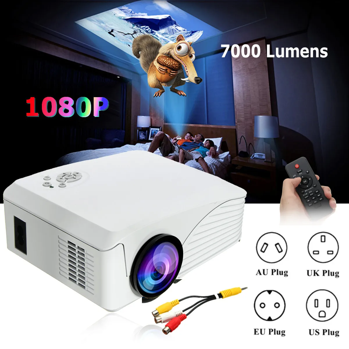 Portable 7000 Lumens HD 1080P 3D Multimedia Projector LED Home Theater USB With US Plug