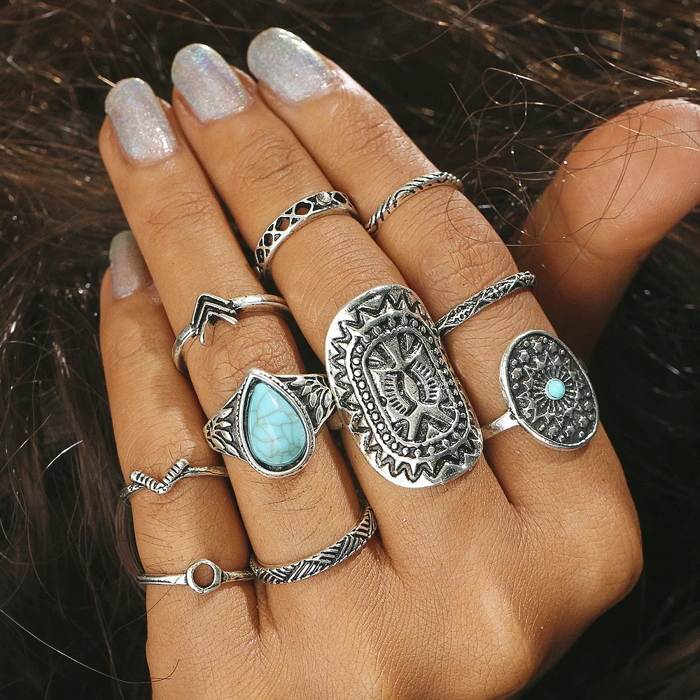 OSHUER 2 colors Vintage Knuckle Rings for Women Boho Geometric Crystal