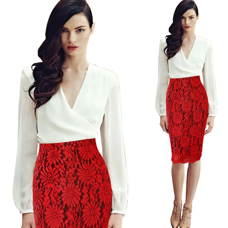 FEIBUSHI 2017 Women Elegant Floral Lace High Waist Casual Red Lace Formal Solid Wear to Work Bodycon Fitted Pencil Skirt 3555 