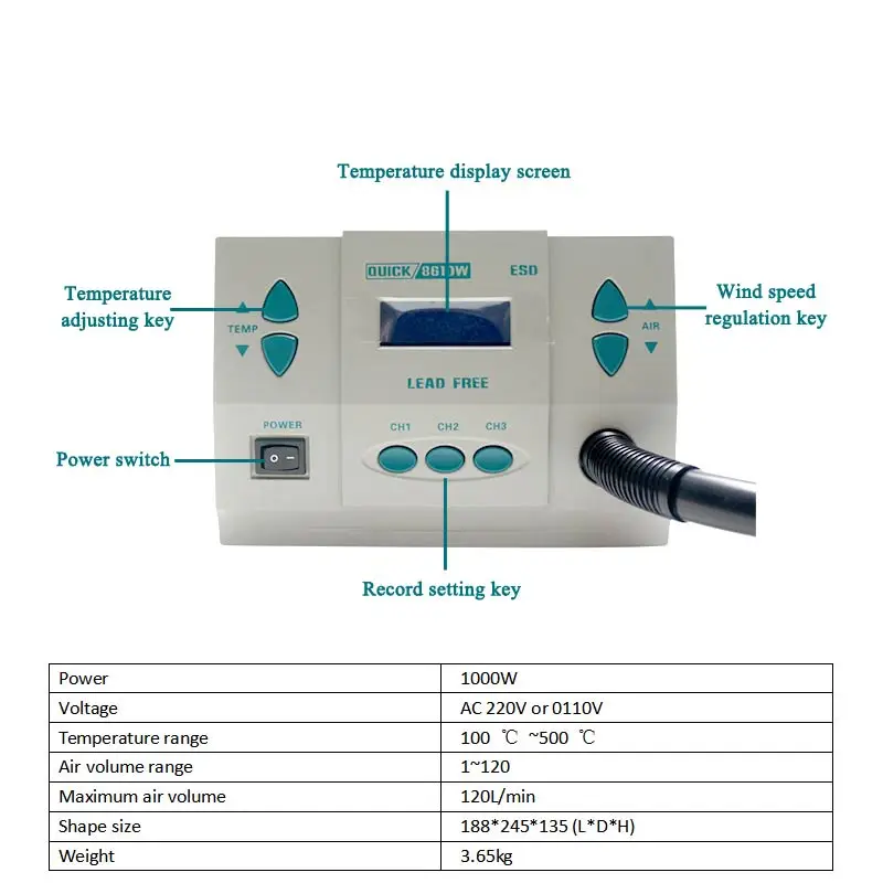 1000 Вт Быстрый 861DW Тепловая пушка Бессвинцовая паяльная станция горячего воздуха микрокомпьютер температура горячего воздуха паяльная станция