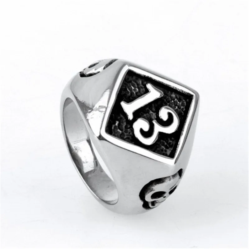 

Men's Silver Lucky 13 Stainless Steel Biker Motorcycle Skull Stainless Steel Ring
