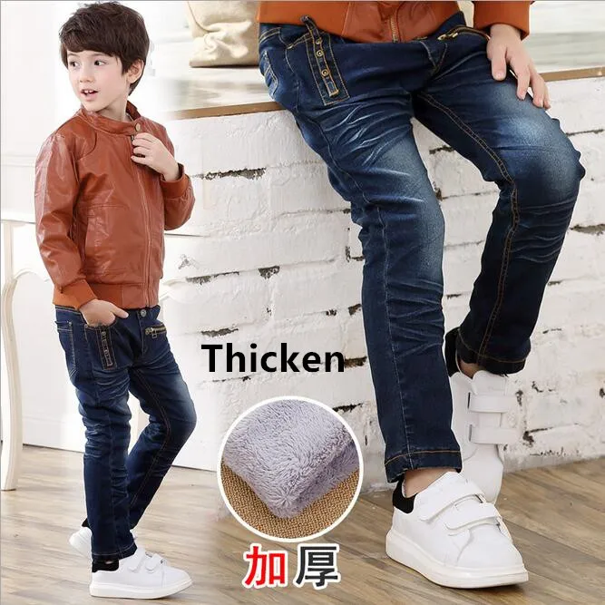 2017 Winter Light Wash Boys Jeans for Boys Solid Warm Thicken Children's Jeans Boys Pants Ripped Hole Children Fashion Jeans