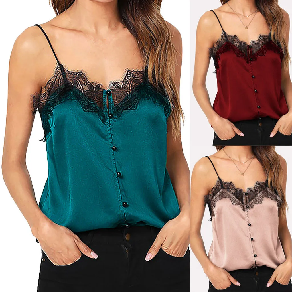 

Women Vest Fashion Eyelash Lace Tank Tops Sling V-neck Lace Sleeveless Button Blouse Camis Tops roupas feminina#sw