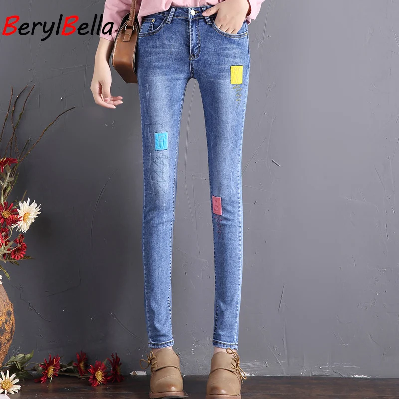 

2019 Spring Fashion Women Jeans Ripped Patch Jeans Students Stretch High Waist Tight Pencil Pants Girls Skinny Denim Trousers