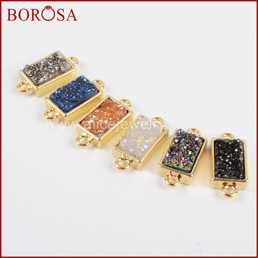 

BOROSA 10PCS Natural Druzy Crystal Connector ,Rectangle Gold Bezel Rainbow Titanium Crystal Druzy Connector Double Bails ZG0154