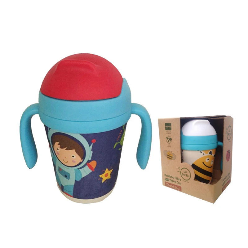 300ml Baby Cups Kids Bamboo fiber straw cup BPA free Portable Bottle Cartoon infant drinking water