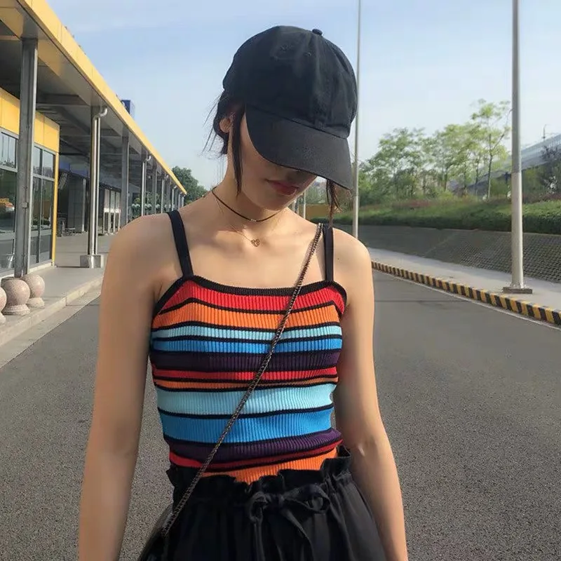 2 цвета Mihoshop Ulzzang Корейская женская модная одежда милая Радужная Нео полосатая