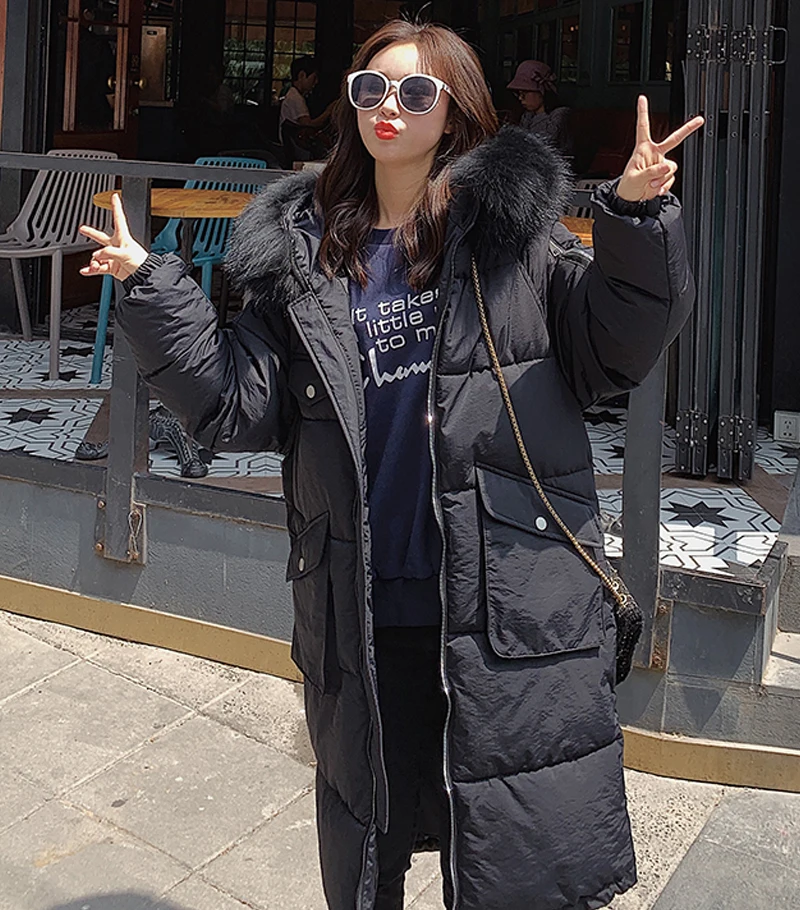 Корейский стиль, зимняя женская куртка с капюшоном из искусственного меха, Свободная Женская длинная парка, теплое плотное Женское пальто