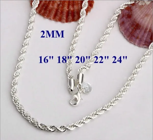 16-24 дюйма красивая модная элегантная Серебряная цепочка для женщин и мужчин 2 мм симпатичная веревочная подвеска N226