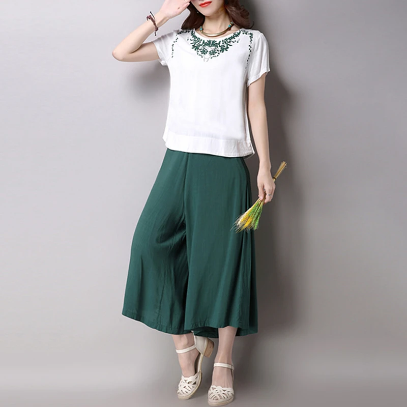 

Work Pants suits 2 Pieces Set for Women Casual Plus size Cotton Linen T-Shirt Tops+Wide Leg Pants Lady Suits feminino Summer