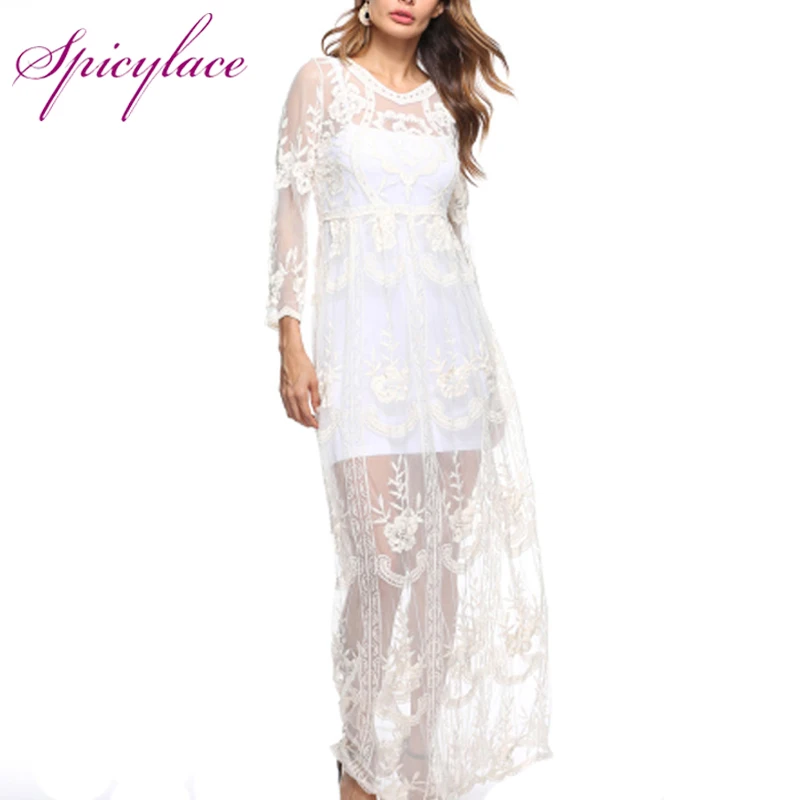 SESOAF Sexy V neck loose beach long dress 2017 New women floral Embroidery lace dress long sleeve maxi dress long-floral-maxi : image SESOAF Sexy V neck loose beach long dress 2017 New women floral Embroidery lace dress long sleeve maxi dress long-floral-maxi