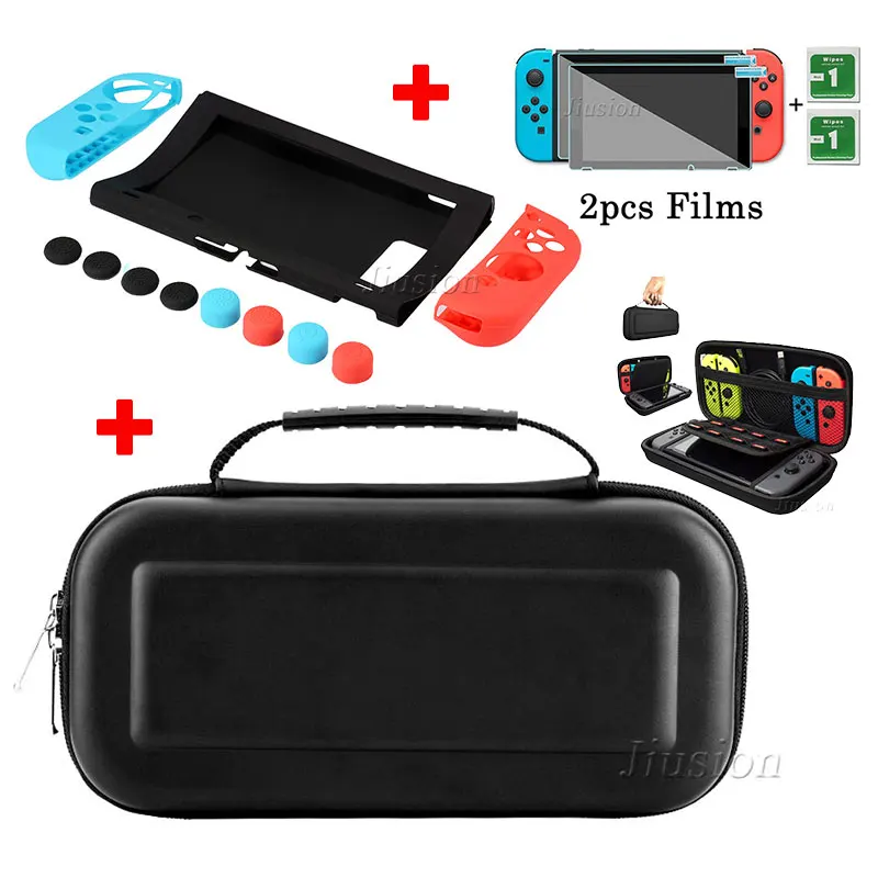 

For Nintend Switch EVA Hard Shell Bag with Silicone Case Set Tempered Glass Screen Films for NS Console Controllers Accessories