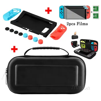 

For Nintend Switch EVA Hard Shell Bag with Silicone Case Set Tempered Glass Screen Films for NS Console Controllers Accessories