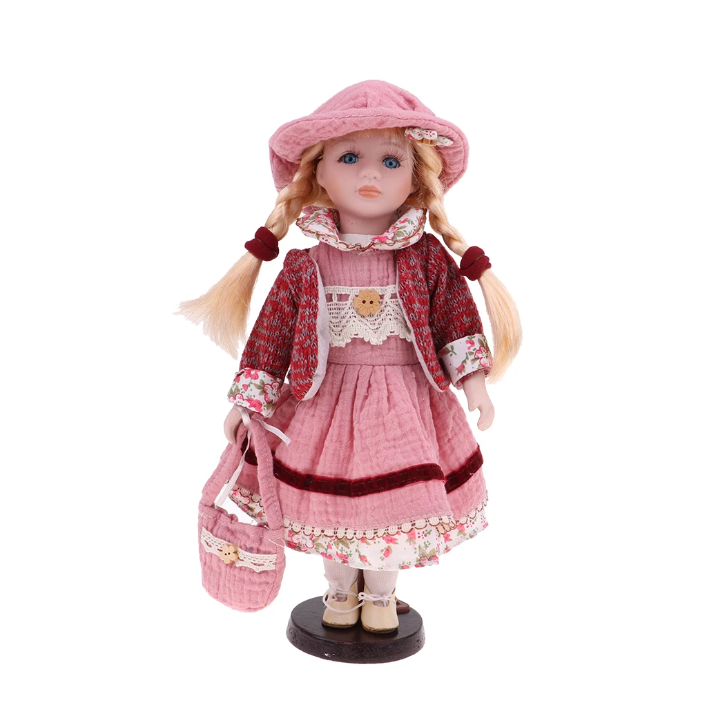 30cm Lovely Porcelain Girl Doll with Clothes Pink & Stand Home Display Decor Gift Porcelain Baby Figurines Dolls Collectible