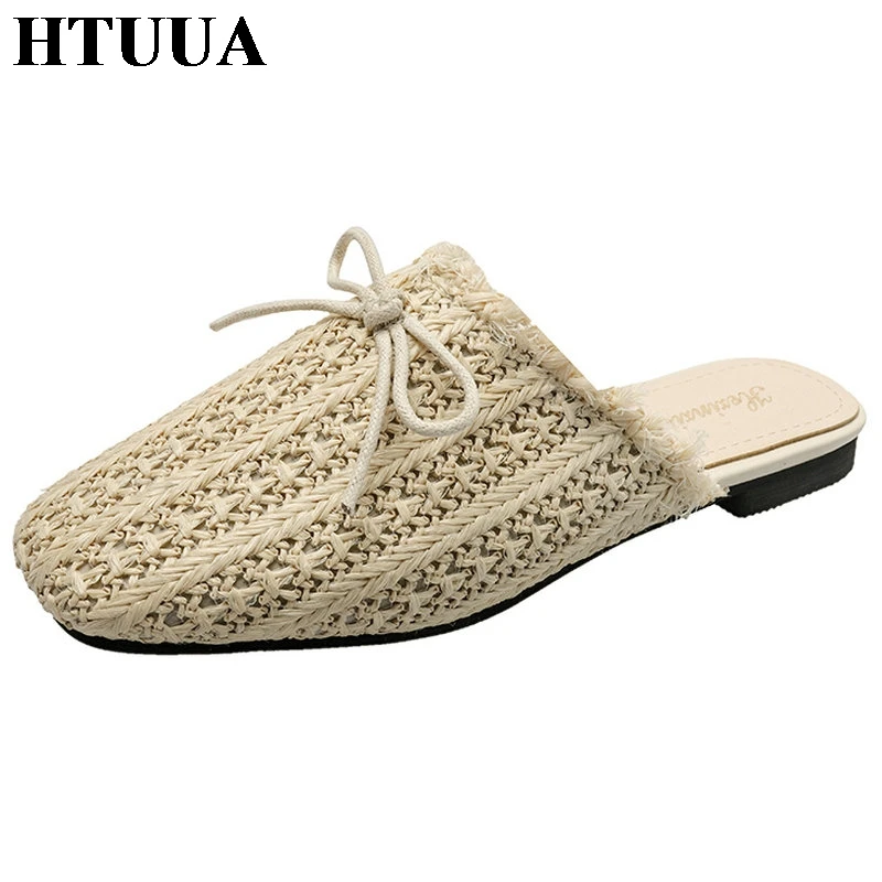 

HTUUA Fashion Weave Mules Shoes Women Slippers Flat Heel Slides Summer Sandals Woman Outside Home Indoor Slip On Slippers SX2345