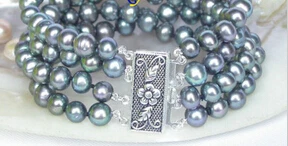 

13373 Genuine 8" 4row 8mm round peacock black pearls bracelet 925 silver clasp
