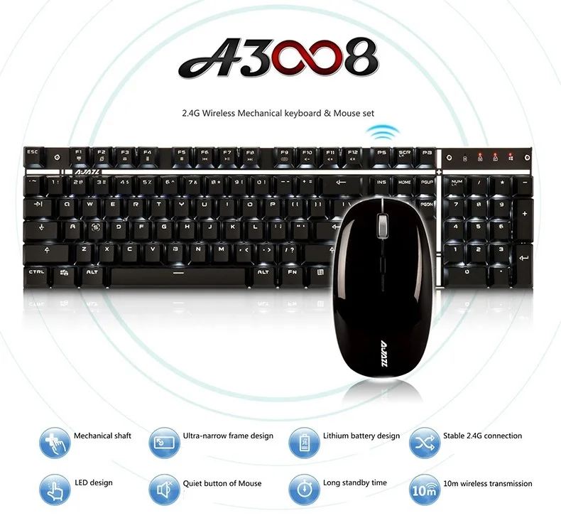 Ajazz A3008 2 4G Беспроводная перезаряжаемая игровая клавиатура и мышь с подсветкой