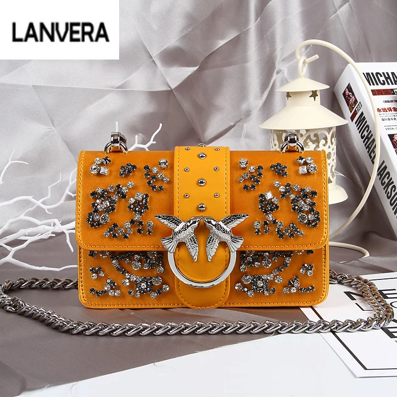 

Luxury Designer Lady Swallow Lock Messenger Bag Famous Brand GenuineLeather Handbag Diamond Studs Chain Shoulder Bag Bacchus Bag