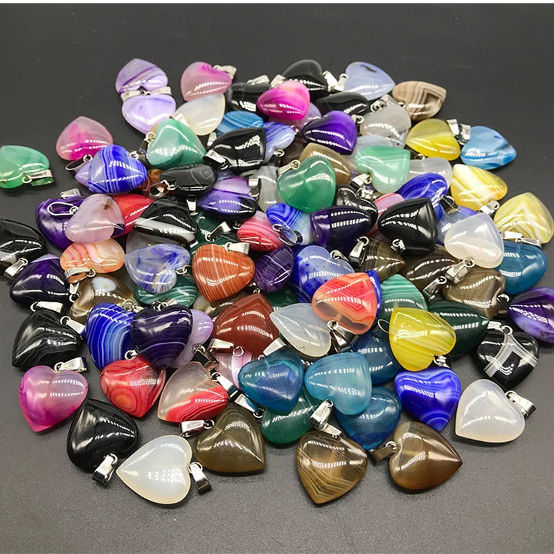 

50pcs/lot 20mm Mix Color Natural Agates Stone Beads Pendant For Necklace Making Heart Shape Agat e Stone Pendants DIY Jewelry
