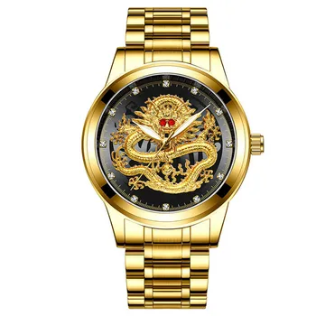 

Luxury Business Man Watch Steel Waterproof Quartz Wrist Watch Male Clock Fashion Embossed Gold Diamond Ruby Dragon Face Watches