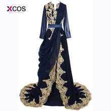 Элегантное темно-синее abaya в мусульманском стиле с длинным рукавом вечернее платье Дубай марокканский Исламский длинный рукав в арабском стиле вечернее платье для выпускного вечера