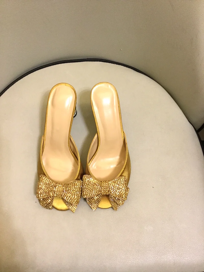 Viisenantin женская летняя обувь роскошные шлепанцы без задника с открытыми пальцами для торжеств модные стразы бантом обуви на высоких толстых каблуках обувь на высоком каблуке драгоценный камень deocr и открытым носком, в комплекте с Тапочки - Цвет: yellow 8cm heel