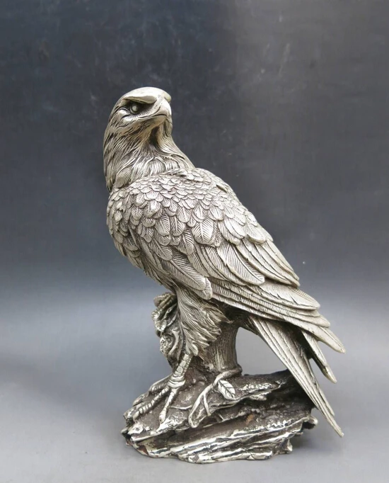 

9" China silver carved beautiful sculpture powerful fine good luck eagle Statue