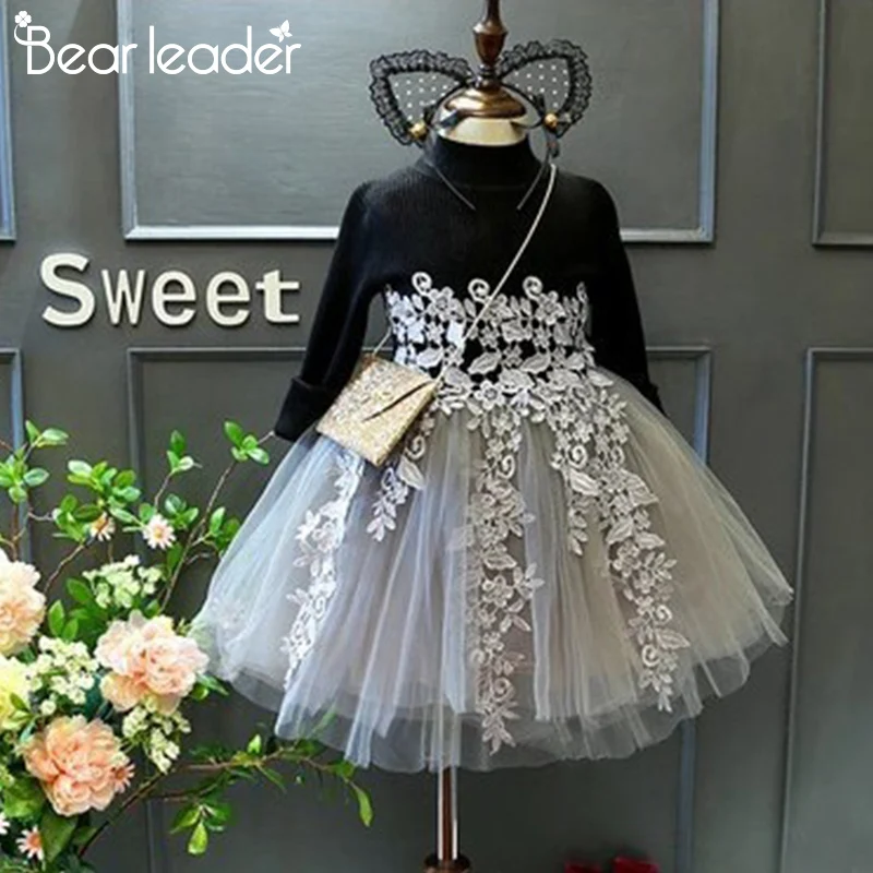 

Bear Leader Girls Dress 2020 Children Floral Dresses Girl Clothes Lace Solid Party Dress Knit Sweater Kid Princess Dress 3-7Y