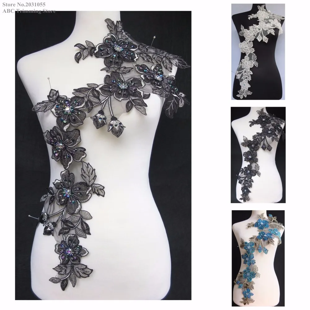 

Newest Long Handmade 4Colors(Black/Silver Blue+)Beaded Sequined Flower Embroidery Neckline Lace Fabrics Applique Patches TBNC108