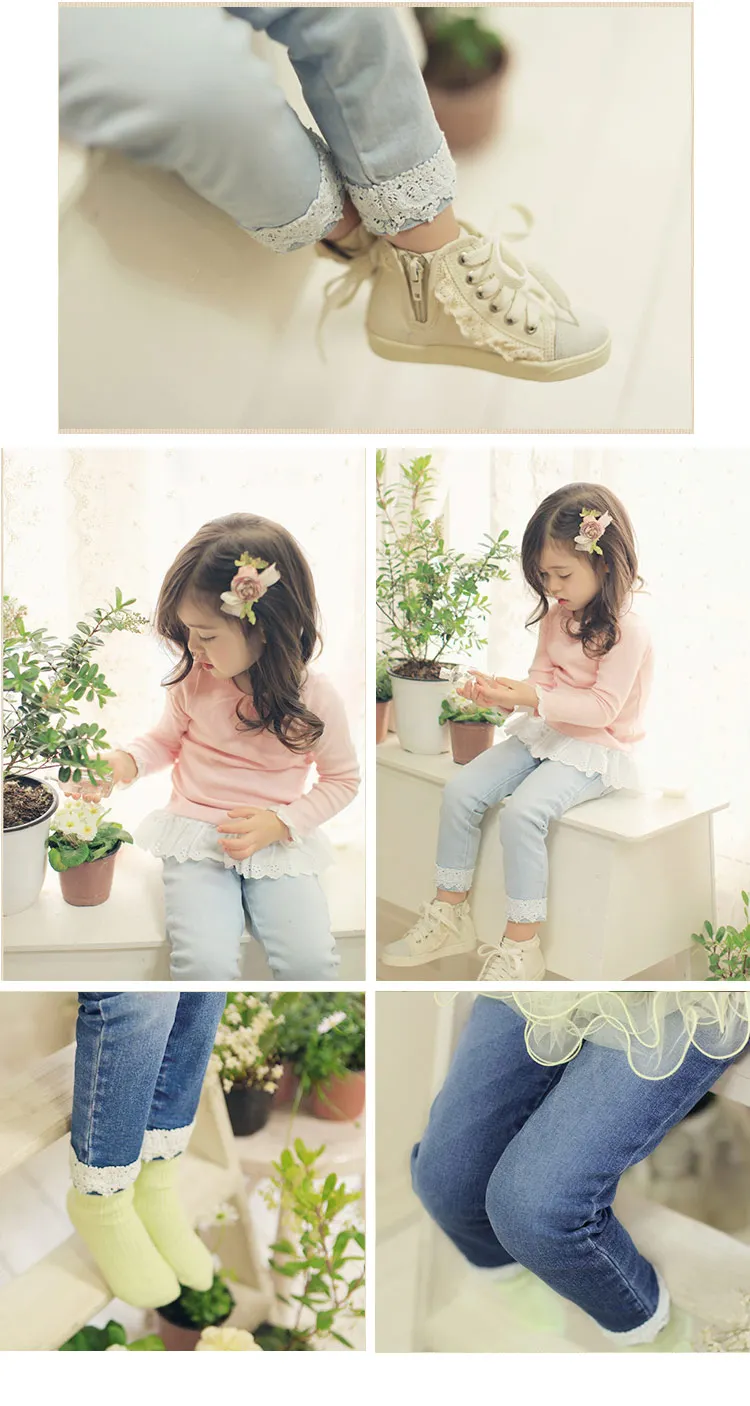 2018 Spring Autumn New 3-12 Years Children Elastic Long Trousers Washed Lace Spliced Skinnny Baby Kids Girls Denim Jeans Pants (7)