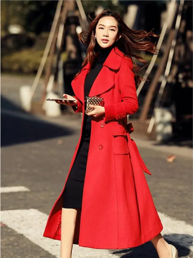 Двубортное толстое теплое шерстяное пальто для женщин, зимнее утепленное женское тонкое длинное кашемировое шерстяное пальто с поясом wq2297 - Цвет: red