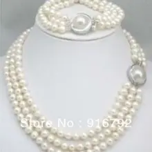 3 Ряда 7-8 ММ Белые, Красивые Жемчужные Бусы Ожерелье 17-1" Браслет 7.5"(C0322