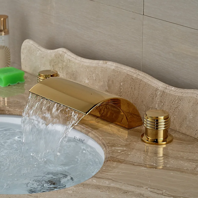 Luxury Design Gold Finish Brass Solid Countertop Sink Mixer Taps with Dual Handles Deck Mounted