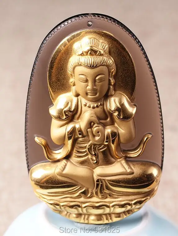 

Beautiful Natural Ice Obsidian Carved Gold 18 Chinese DaRiRuLai Kwan-Yin Lucky Amulet Pendant +free Necklace fashion Jewelry